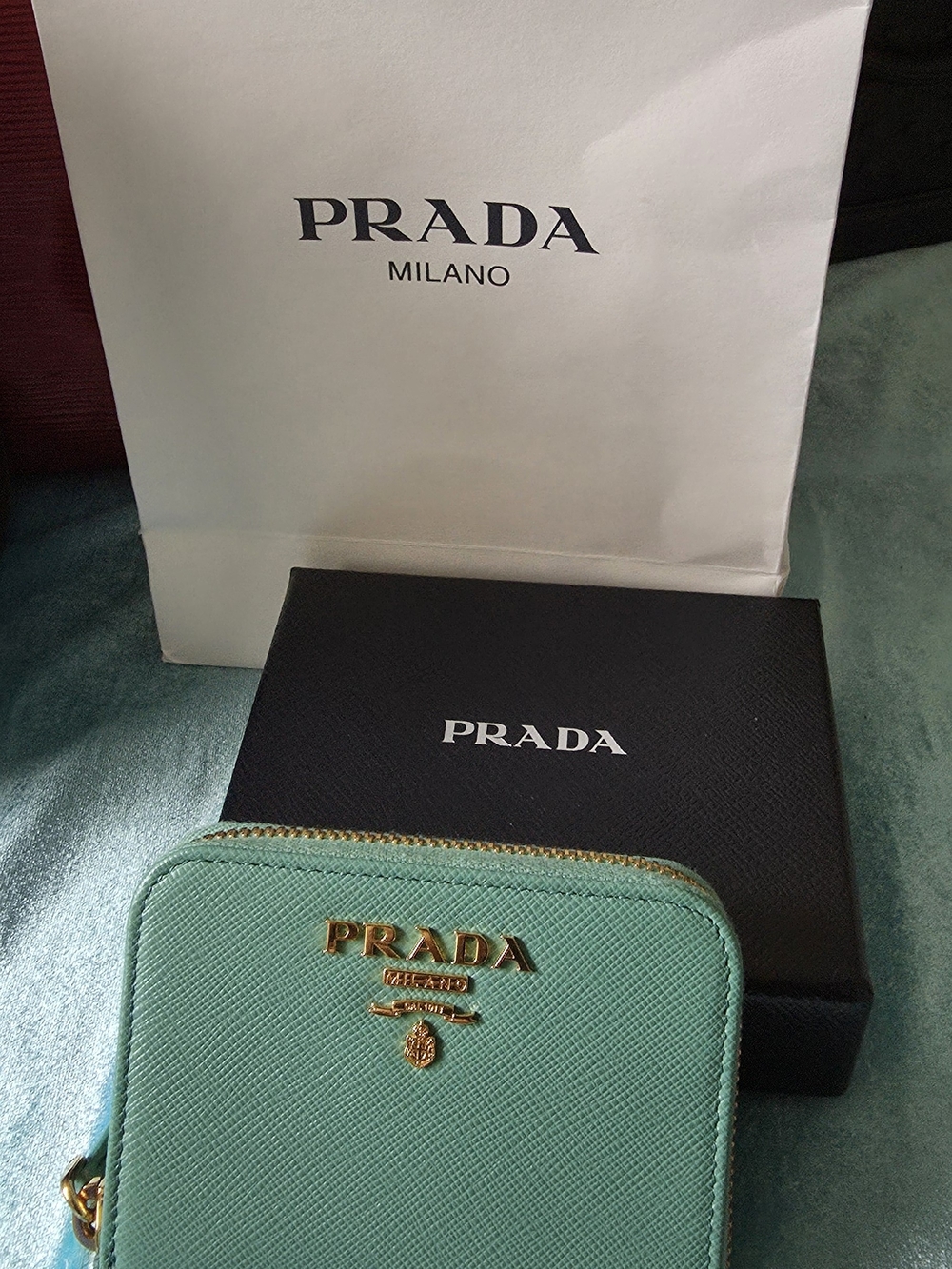 Prada Mint Green Saffiano Zip-Around Wallet with Gold Hardware